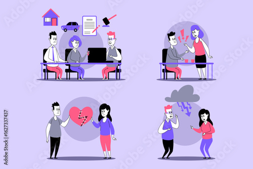Different life scenarios showing people engaged in discussions, conflicts, and emotional interactions. Relationships concept