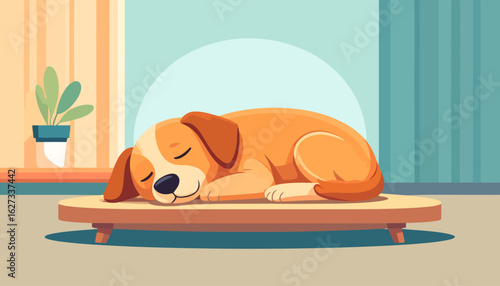 Adorable cartoon dog with ginger fur and white patches sleeping peacefully on a round pet bed.