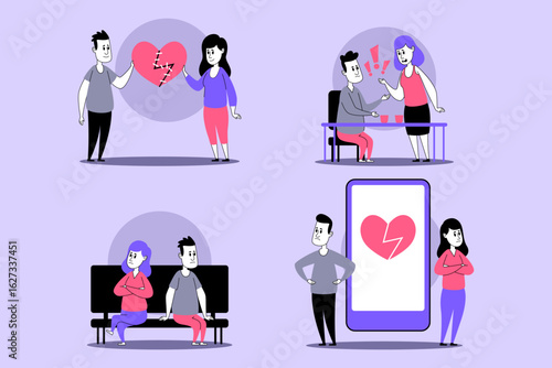 Collection of various stages of relationships, from heartbreak to healing. Characters interacting, conveying emotions depicting ups and downs of love and connection