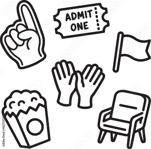 Foam Finger, Ticket, Team Flag, Clapping Hands, Snack, and Stadium Seat