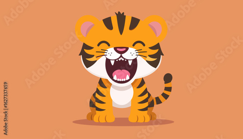Joyful cartoon tiger cub roaring happily with closed eyes. A cute, striped wild animal character with sharp teeth and a wide-open mouth.
