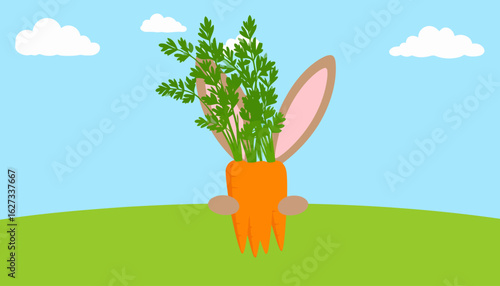 A cute cartoon bunny with brown ears and paws hiding behind a large bunch of orange carrots.