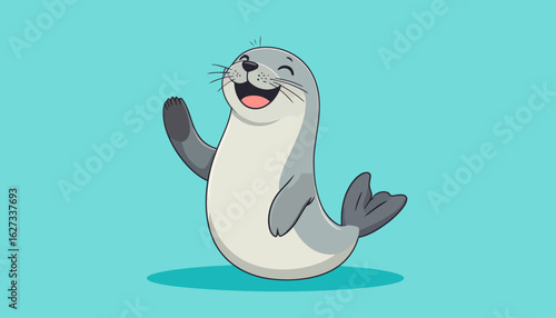 Cheerful gray cartoon seal character with a joyful smile, waving its flipper in a friendly greeting.