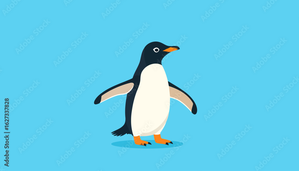 Obraz premium Cute cartoon Gentoo penguin standing with outstretched flippers. Flat vector illustration of an arctic bird with orange beak and feet.