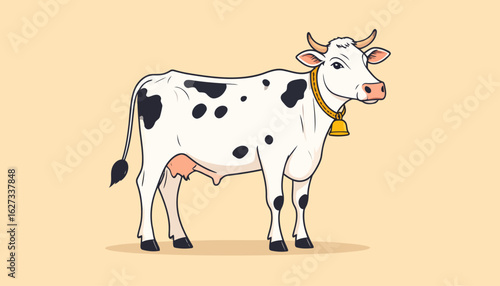 Cartoon illustration of a standing dairy cow with black spots, horns, and a yellow bell collar.