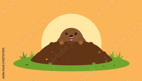 Adorable brown mole with a happy expression peeking from its earthy burrow