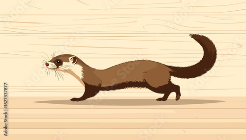 Illustrated brown ferret with a long slender body and bushy tail, walking in profile view.