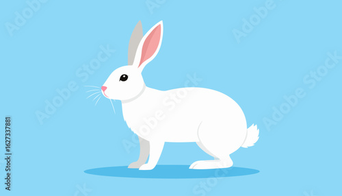 Cute white rabbit with long pink ears and fluffy tail, standing in profile. Flat vector illustration.