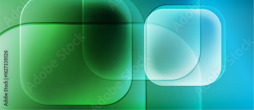Abstract composition. Overlapping translucent squares, curves, gradients. Green, blue hues create modern visual effect. Smooth transitions.