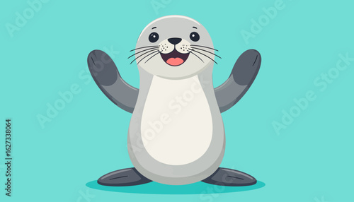 Joyful gray cartoon seal with a wide smile and raised flippers in a welcoming pose.
