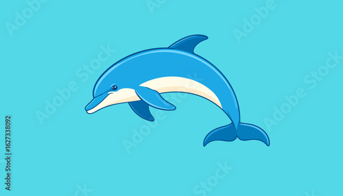 A cheerful blue cartoon dolphin with a cream belly, swimming in a graceful arched pose.