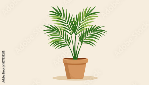 Lush green palm houseplant with feathery fronds in a terracotta pot, flat vector illustration.