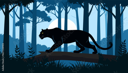 A muscular black panther with piercing yellow eyes, depicted in a stealthy walking pose.