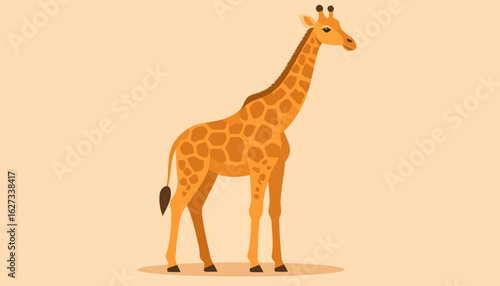 Elegant standing giraffe illustration with a long neck, orange spots, and a gentle expression.