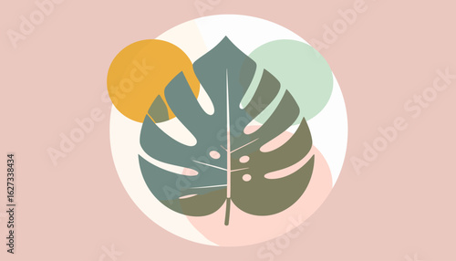 A stylized two-tone Monstera leaf in a modern abstract composition with muted geometric circles.
