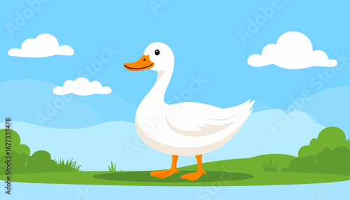 Charming white cartoon duck with an orange beak and webbed feet, standing in profile.