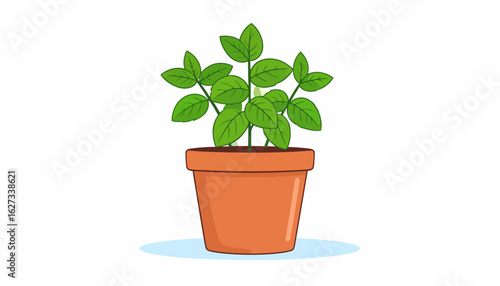 Stylized illustration of a healthy green plant with multiple stems in a classic orange terracotta flowerpot.