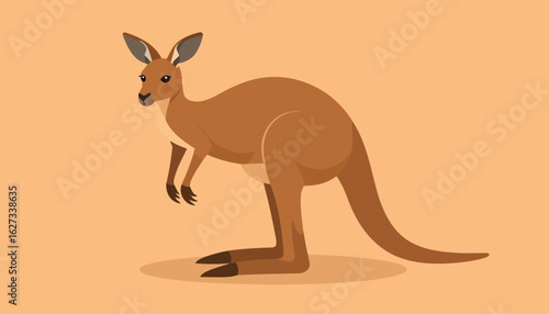 A brown kangaroo illustration in a flat design style, standing in profile with large ears and a long tail.