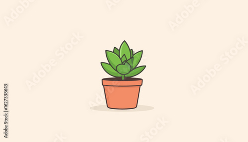 Cute cartoon succulent with thick outlines in a small terracotta pot, flat design style.