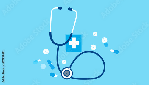 Blue and white stethoscope with scattered pills, capsules, and a medical cross icon in a flat vector style.