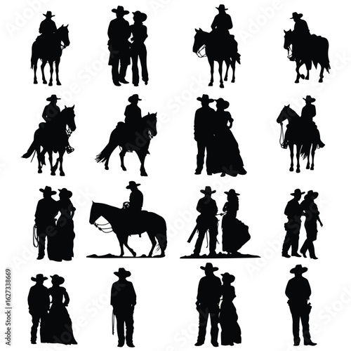 vector illustration of  cowboy and cowgirl silhouette set sunset, Black & White silhouette set
