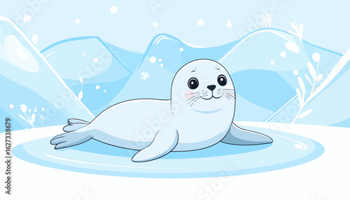 Adorable cartoon baby seal pup with big eyes and a happy smile, resting with its flippers out.
