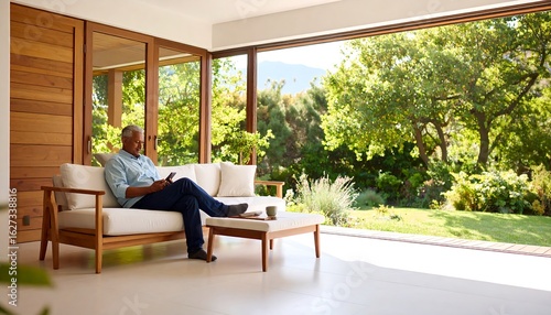 Man relaxing on a patio couch, looking at a phone