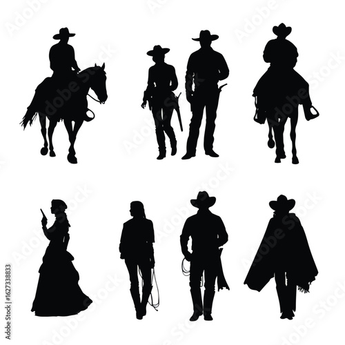 vector illustration of  cowboy and cowgirl silhouette set sunset, Black & White silhouette set
