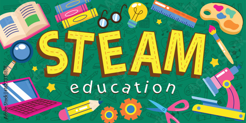 Hand drawn STEAM education logo with school element vector illustration