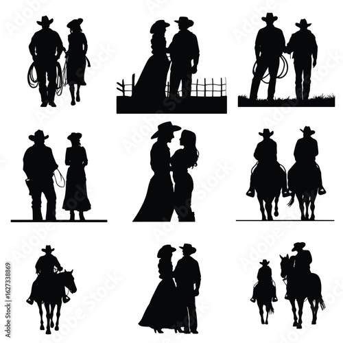 vector illustration of  cowboy and cowgirl silhouette set sunset, Black & White silhouette set
