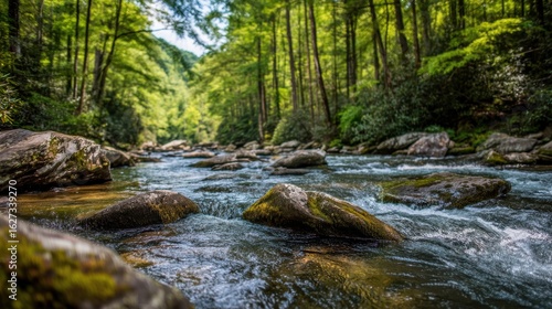 Flowing river with moss-covered rocks in lush forest