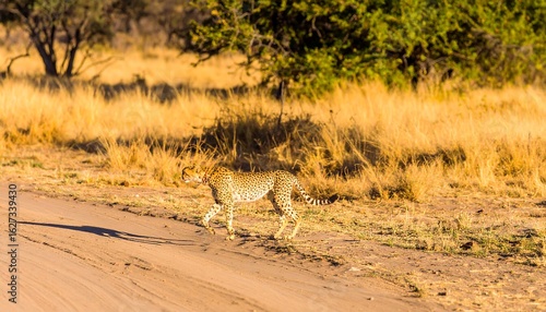 Cheetah walking on dirt road in savanna