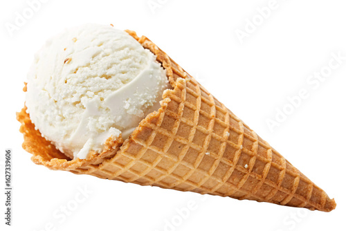 Creamy vanilla ice cream with nuts in golden waffle cone tilted, isolated on a transparent background