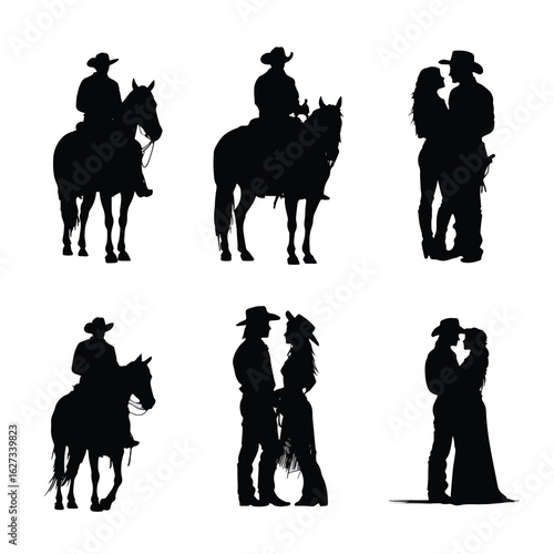 vector illustration of cowboy and cowgirl silhouette set, Black & White silhouette set