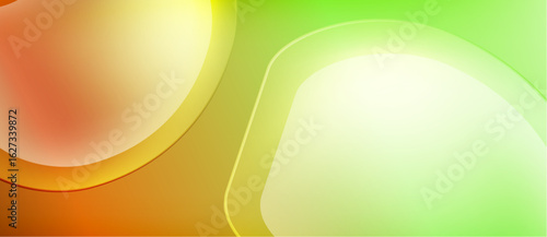 Abstract shapes overlap, creating vibrant gradients. Orange blends into yellow, then green dominates right side. Smooth transitions define composition.