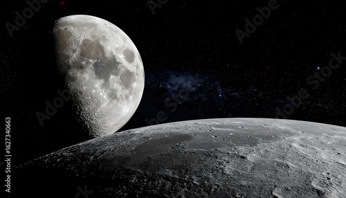 A crescent moon against a backdrop of stars and a nearby moon