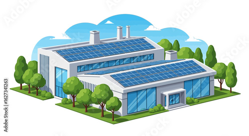 Modern Factory Building with Rooftop Solar Panels: Green Energy for Sustainable Industry