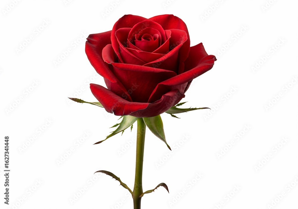 Naklejka premium Velvet Red Rose Blossom Isolated on White, Elegant Single Stem, Romantic Gift