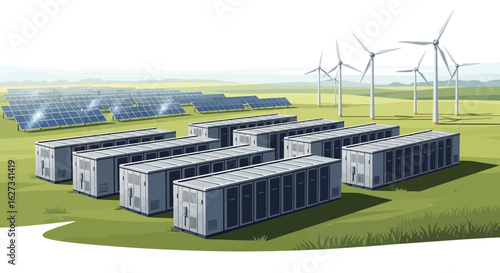 Large-Scale Renewable Energy: Solar Farm, Battery Storage Units, and Wind Turbines in a Rural Landscape