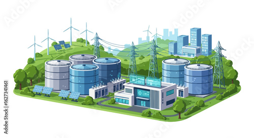 Integrated Green Energy Infrastructure: Industrial Tanks, Solar Panels, and Wind Turbines in Urban Landscape