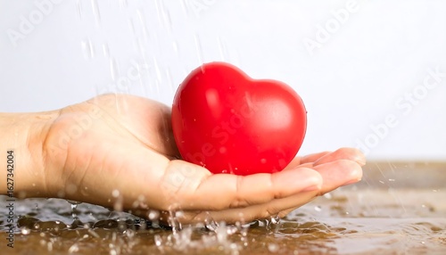 A hand holds a red heart with water droplets falling around it