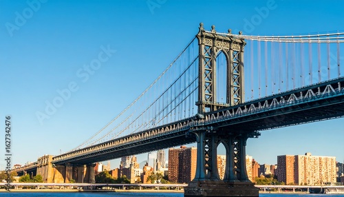 A majestic suspension bridge spans a body of water, leading to a cityscape