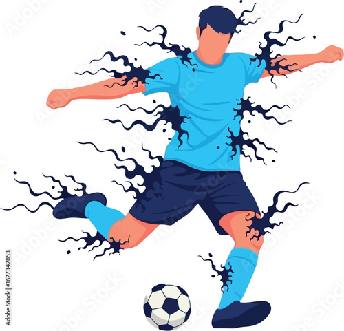 Athletic soccer player kicking ball with dynamic dark energy splatter effect