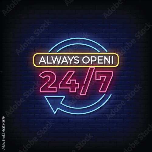 always open neon sign with brick wall background vector