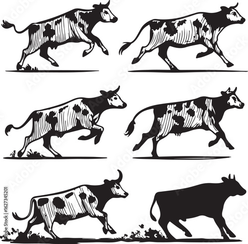 black-and-white line art illustrations of a cow in various poses