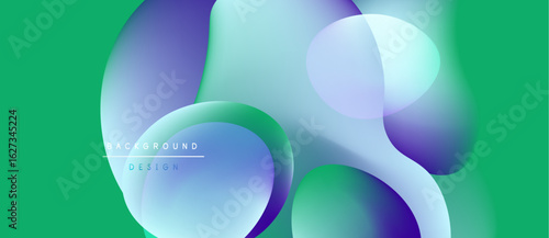 Abstract fluid shapes overlap, creating vibrant color gradients. Green background complements blue, purple hues. Modern design element.