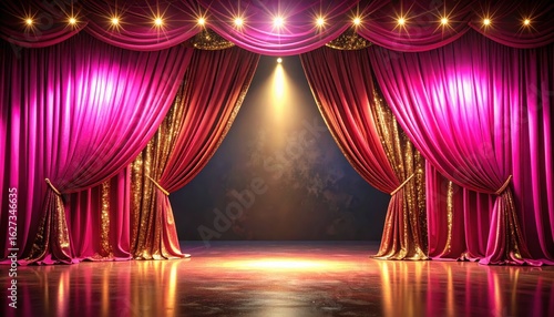 Luxurious theater stage with red velvet curtains and spotlight, perfect for drama, performance, and entertainment themes.