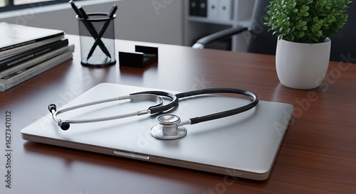 Um estetoscópio médico repousa elegantemente sobre um laptop fechado em uma mesa de consultório médico.