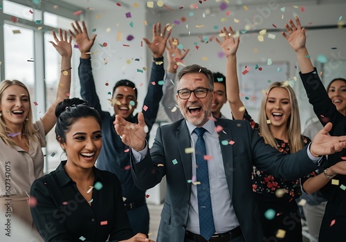 Diverse Team Celebrating Success with Confetti in Modern Office