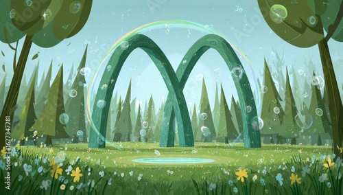 Enchanted forest glade with archway
